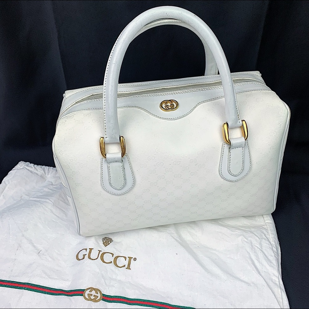 Gucci Vintage GG Boston Bag Medium Micro All White Monogram Coated Canvas RARE